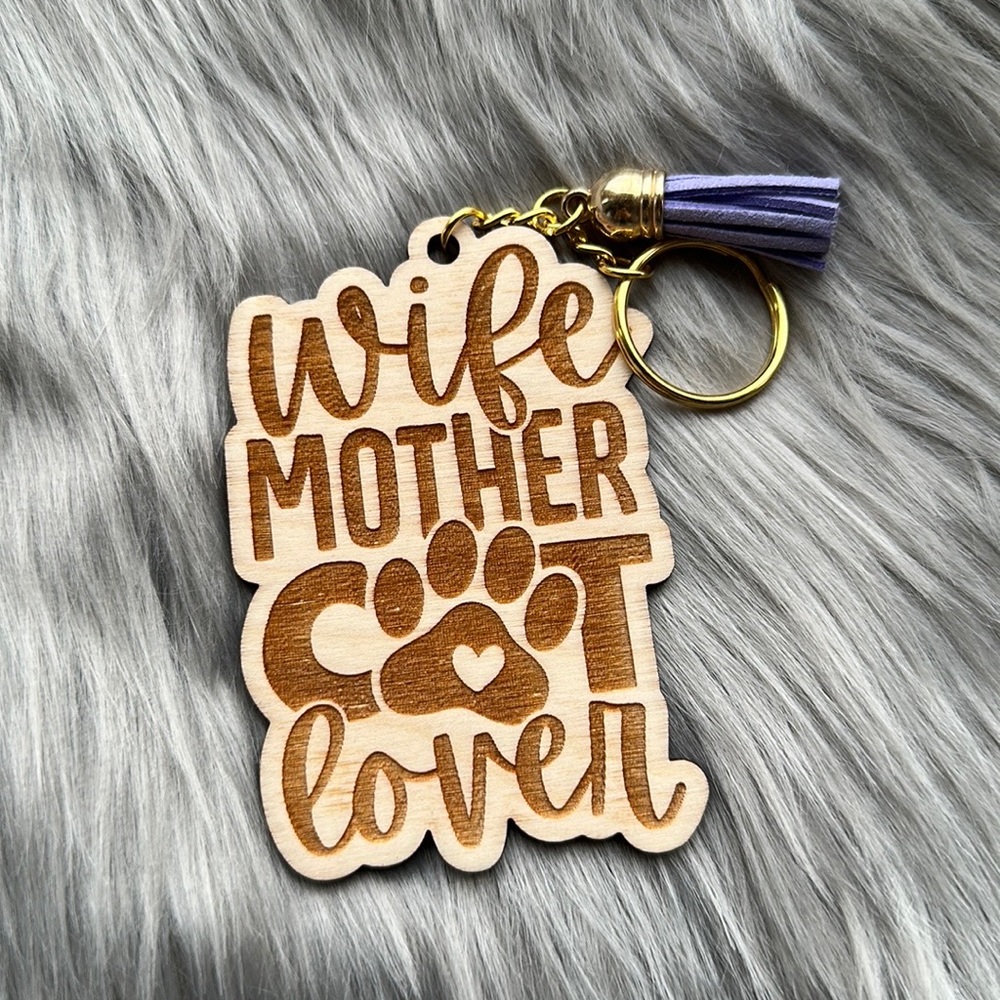 Handmade wood keychain with tassel: Wife mother cat lover